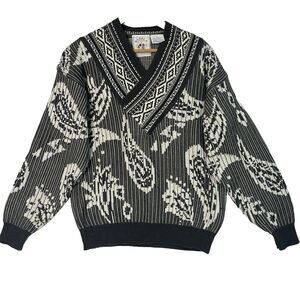 VTG 90s Hoopla Fair Isle Sweater Sz L Paisley Bandana Chunky Knit 1989 Chazwas